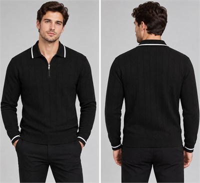 Polo Yaka Desenli Triko Sweatshirt - SİYAH - ST 507