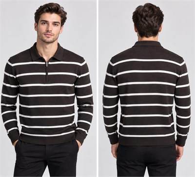 Polo Yaka Yarım Fermuarlı Çizgili Desenli Triko Sweatshirt - KAHVE    ST 508