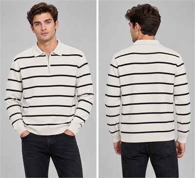 Polo Yaka Yarım Fermuarlı Çizgili Desenli Triko Sweatshirt -   BEJ   ST 508