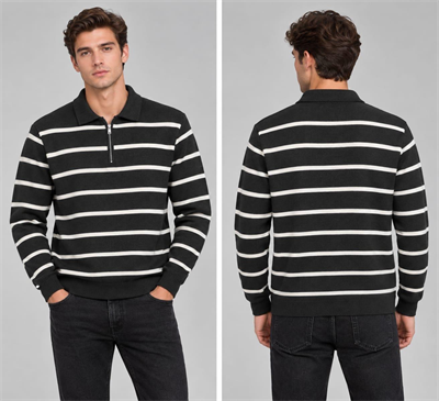 Polo Yaka Yarım Fermuarlı Çizgili Desenli Triko Sweatshirt - SİYAH  ST 508