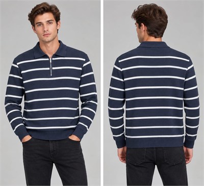 Polo Yaka Yarım Fermuarlı Çizgili Desenli Triko Sweatshirt - LACİVERT  ST 508