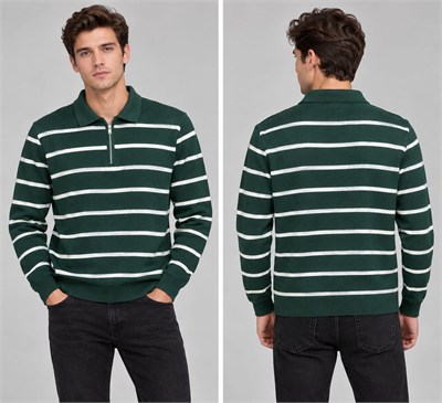 Polo Yaka Yarım Fermuarlı Çizgili Desenli Triko Sweatshirt -   YEŞİL   ST 508
