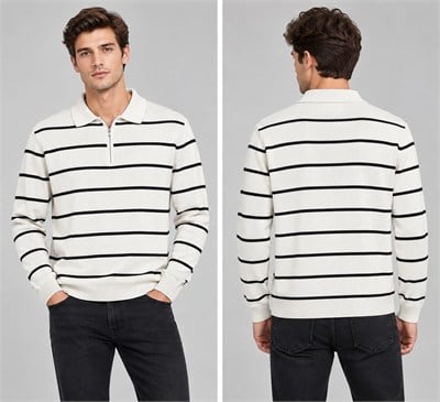 Polo Yaka Yarım Fermuarlı Çizgili Desenli Triko Sweatshirt - BEYAZ     ST 508