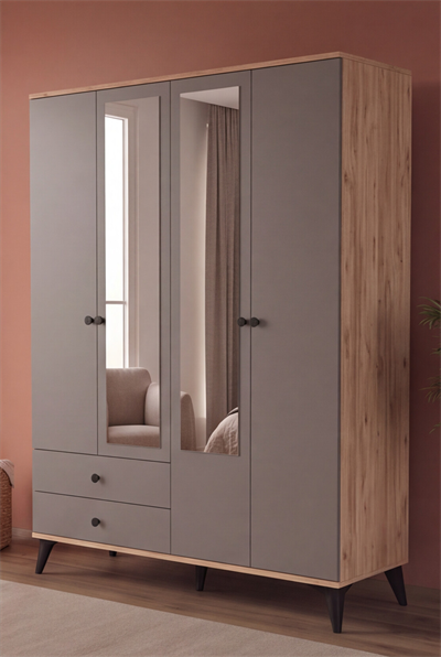 Beta Gardırop 4 Kapaklı 2 Çekmeceli Aynalı Atlantik Çam Koyu Gri 145 cm