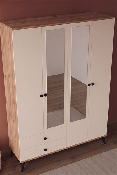 Beta Gardırop 4 Kapaklı Aynalı 2 Çekmeceli Atlantik Çam Sedef Krem 145 cm