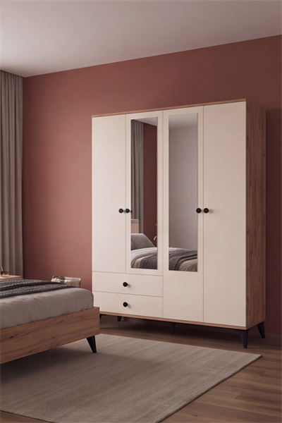 Beta Gardırop 4 Kapaklı Aynalı 2 Çekmeceli Atlantik Çam Sedef Krem 145 cm
