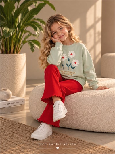 Çiçekli Kız Çocuk Sweatshirt Pantolon Takım