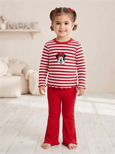 Minnie Mouse Baskılı Kırmızı Çizgili Fitilli İspanyol Paça Kız Çocuk Takım
