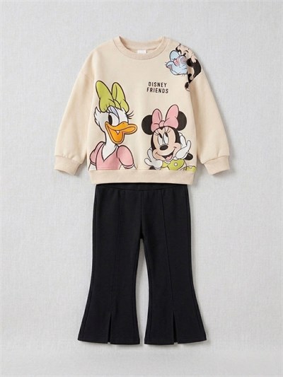 Minnie Mouse Ve Dsny Friends Baskılı Yırtmaçlı İspanyol Paça Kız Çocuk İkili Takım