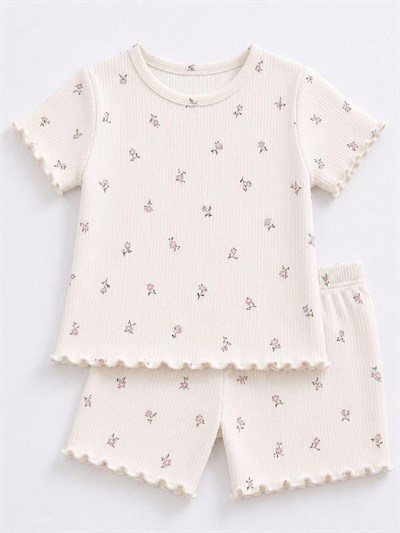 PONKİ ÇİÇEK DESENLİ BEYAZ FİTİLLİ TAKIM