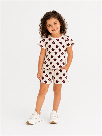 PONKİ ÇİÇEK DESENLİ PAMUKLU  FİTİLLİ T-SHIRT TAKIM
