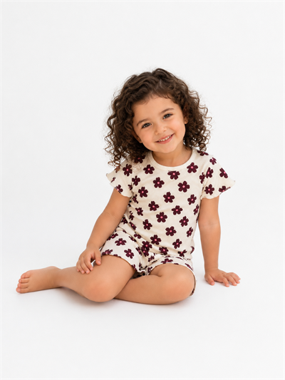 PONKİ ÇİÇEK DESENLİ PAMUKLU  FİTİLLİ T-SHIRT TAKIM