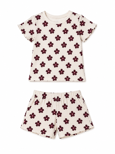PONKİ ÇİÇEK DESENLİ PAMUKLU  FİTİLLİ T-SHIRT TAKIM