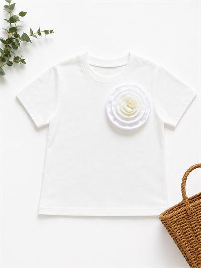 PONKİ ÇİÇEK DETAYLI  BEYAZ PAMUKLU T-SHIRT
