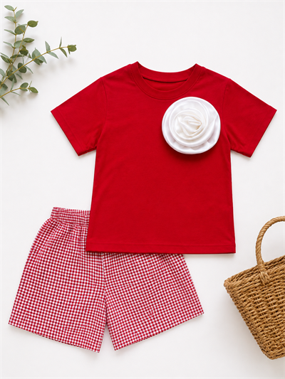 PONKİ ÇİÇEK DETAYLI  KIRMIZI PAMUKLU T-SHIRT