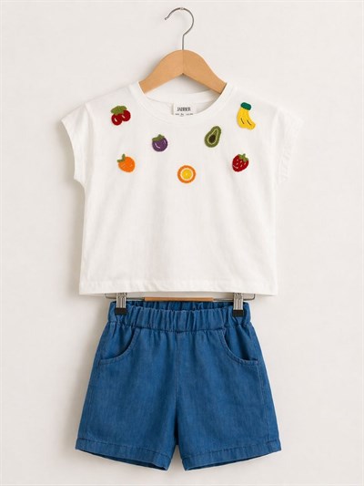 PONKİ ÇİÇEK İŞLEMELİ T-SHIRT VE KOT ŞORTLU TAKIM