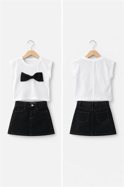 PONKİ FİYONK T-SHIRT VE SİYAH KOT ETEKLİ TAKIM