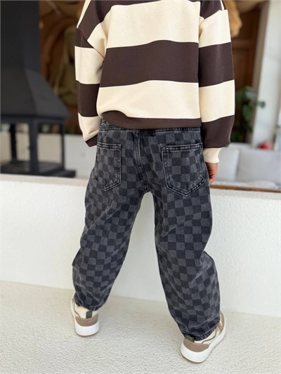 Unisex Çocuk Damalı Jean Pantolon ve Teddy Sweatshirt Kombini