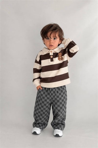 Unisex Çocuk Yaka Detaylı Teddy Armalı Çizgili Sweatshirt