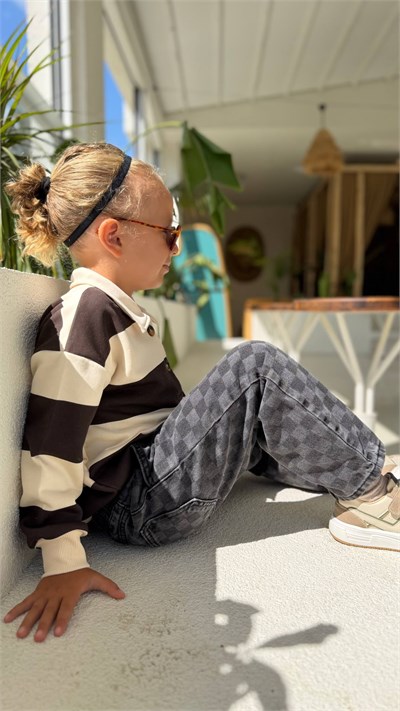 Unisex Çocuk Yaka Detaylı Teddy Armalı Çizgili Sweatshirt