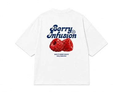 Berry Infusion Ahududu Baskılı Oversize Tişört - Beyaz