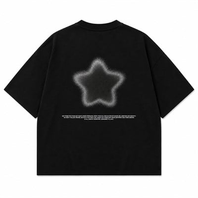Star Baskılı Drop Shoulder Oversize Tişört - Siyah