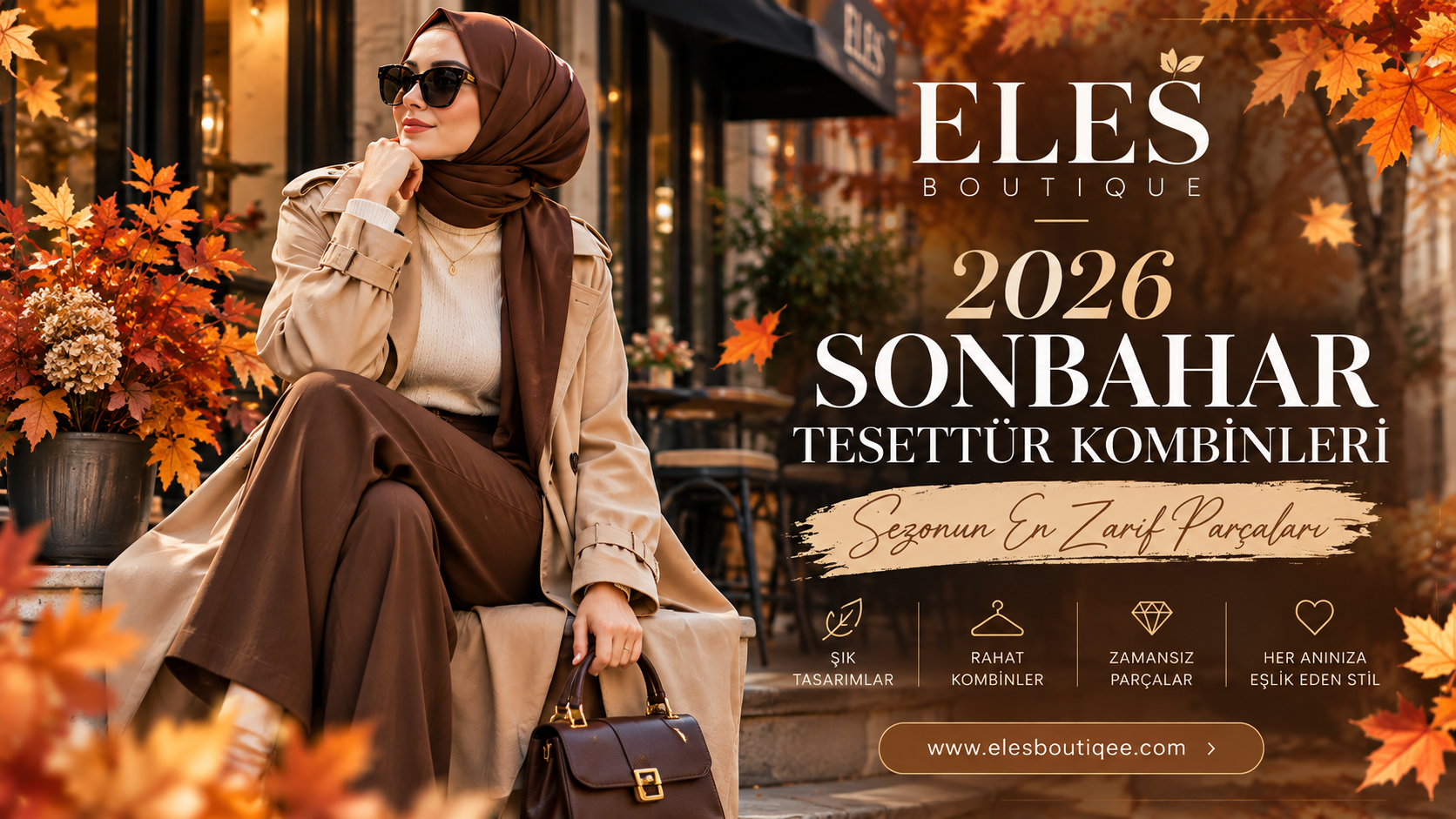 Eles Boutique 2026 sonbahar tesettür kombinleri,bej trençkot ve kahverengi tonlarında zarif kadın giyim kombini