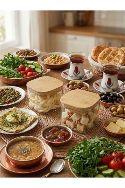 2Lİ Bambu Kapaklı 300 ml Sızdırmaz Cam Kahvaltılık Seti Saklama Kabı