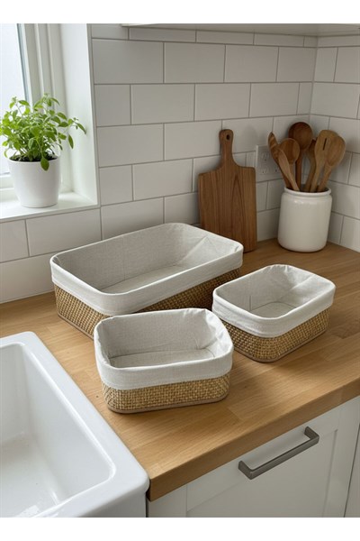 3lü Bambu Sepet Seti - Çok Amaçlı Banyo ve Mutfak Düzenleyici Saklama Kutusu Dolap içi Organizer