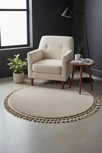 Comfort Yuvarlak Ponpon Saçaklı Peluş Halı(Yatak Odası- Çocuk Odası- Antre- Yemek Odası)Kaymaz Taban