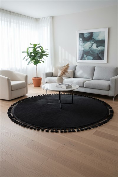 Comfort Yuvarlak Ponpon Saçaklı Peluş Halı(Yatak Odası- Çocuk Odası- Antre- Yemek Odası)Kaymaz Taban