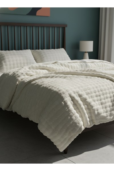 Diamond 3 Parça Bubble Kürk Comforter Set, Çift Kişilik Yorgan Seti (220x240)-KREM