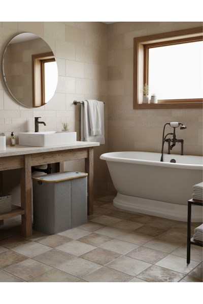 Kumaş Katlanabilir Bölmeli Bambu Detaylı 100 Lt Çamaşır Sepeti 54x33x58