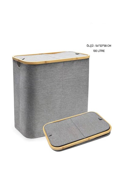 Kumaş Katlanabilir Bölmeli Bambu Detaylı 100 Lt Çamaşır Sepeti 54x33x58