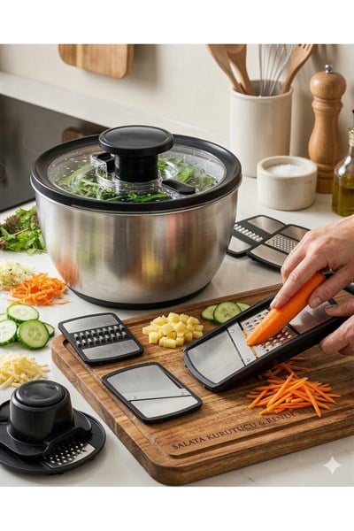 Salata Kurutucu & Rende Seti Çok Fonksiyonlu Doğrayıcı ve Kurutucu Paslanmaz Çelik Set