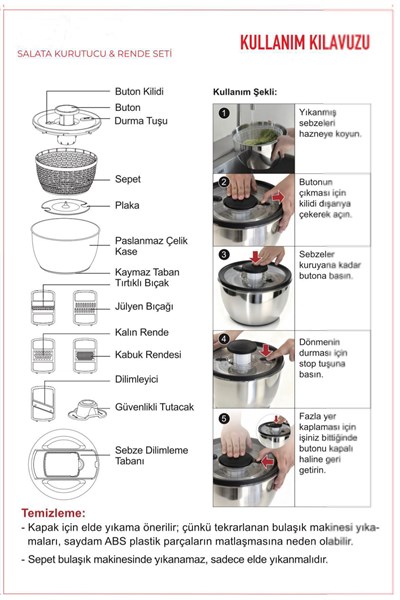 Salata Kurutucu & Rende Seti Çok Fonksiyonlu Doğrayıcı ve Kurutucu Paslanmaz Çelik Set
