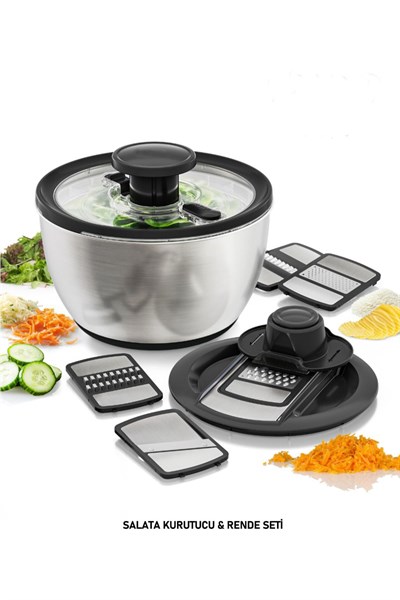 Salata Kurutucu & Rende Seti Çok Fonksiyonlu Doğrayıcı ve Kurutucu Paslanmaz Çelik Set