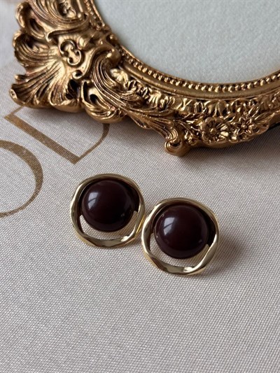 Bordo Taş Detaylı Gold Küpe