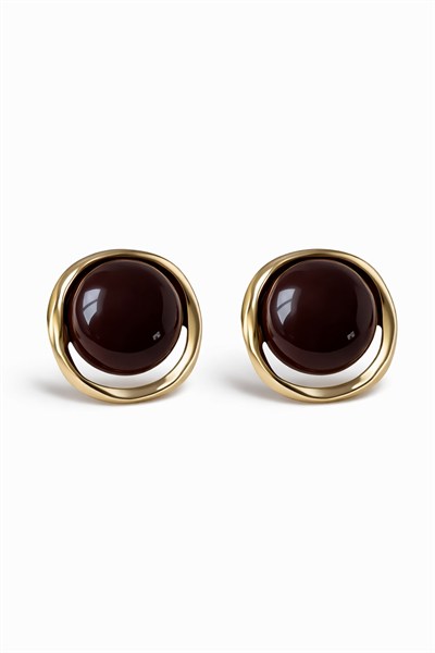 Bordo Taş Detaylı Gold Küpe
