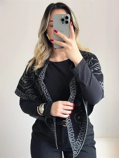 Etnik Desenli Triko Şal Siyah Beyaz