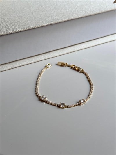 Gold Tennis Bracelet With Baguette Cut Zirconia- Dainty Crystal Chain Bracelet- Elegant Gift For Her