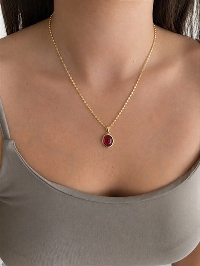 Özel Seri 14K Gold Kaplama Kırmızı Taşlı Çelik Kadın Kolye