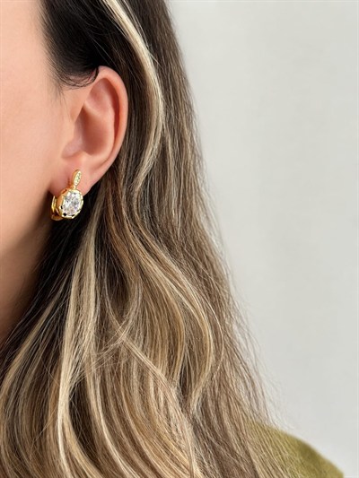 Özel Seri 14K Gold Kaplama Oval Taş Detaylı Çelik Küpe 4212