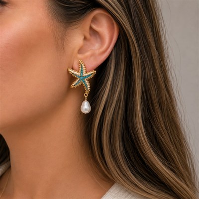 Özel Seri Mavi Deniz Yıldızı İnci Küpe 4441