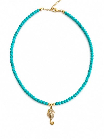 Turkuaz Boncuklu Zirkon Taşlı Denizatı Charm Kolye 3990
