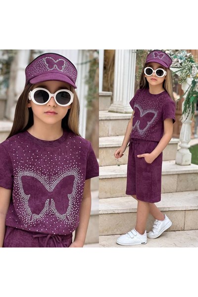 TENİS ŞAPKALI ŞORTLU TAŞLI KELEBEK DESENLİ KIZ TAKIM