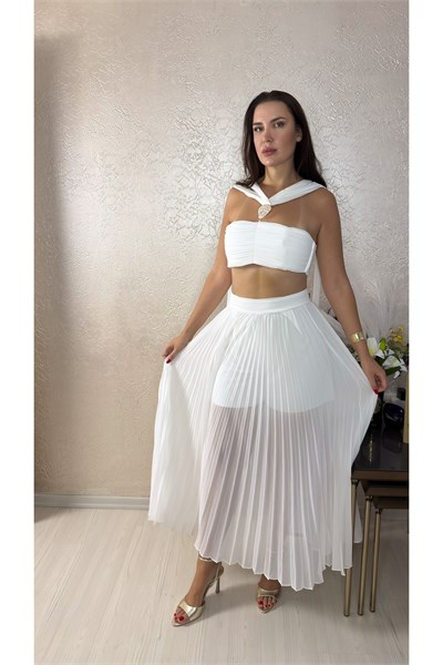 Aksesuar Detaylı Crop Bluz Ve Maxi Plise Astarlı Pantolon Premium Takım