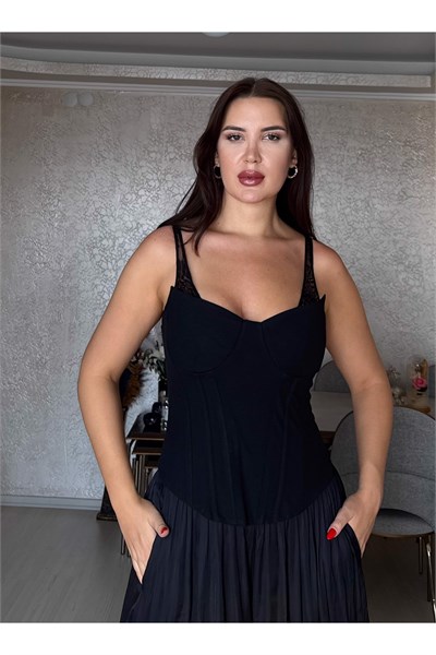 Dantel Detaylı Fermuarlı Askılı Siyah Korse