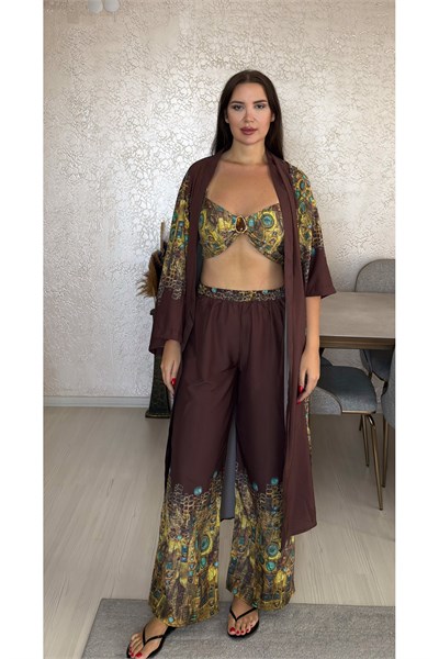 Desenli Kimono Alt Üst 3 lü Takım