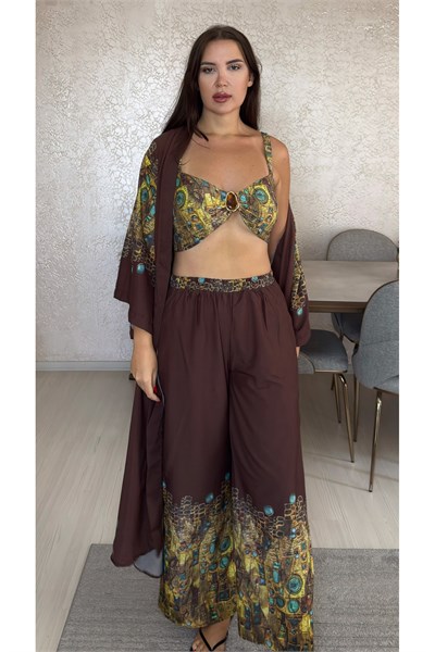 Desenli Kimono Alt Üst 3 lü Takım